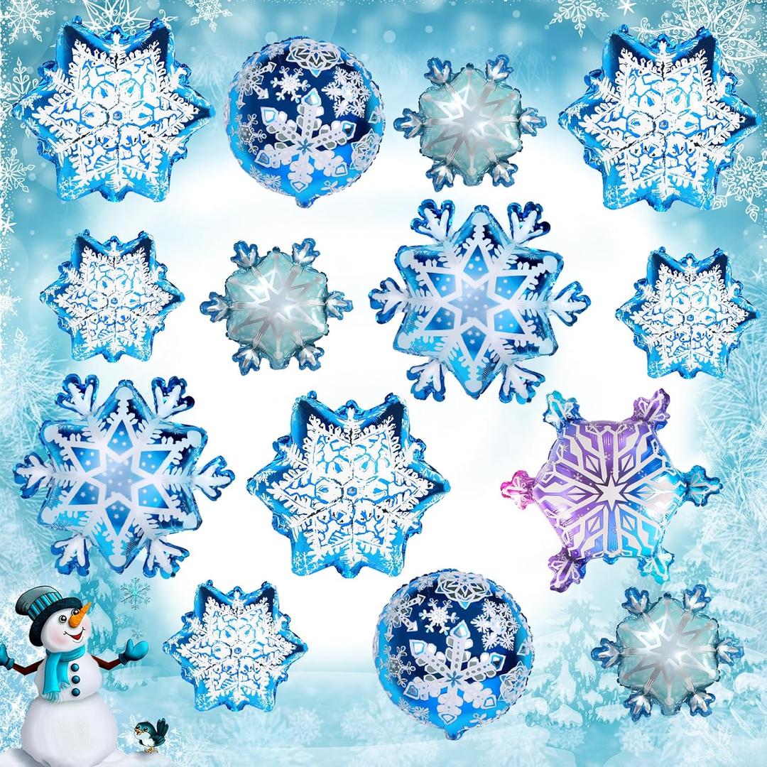JOICEE 14pcs Snowflake Balloons Snowflake Frozen Balloons for Christmas Winter Wonderland Party Decorations, Snowflake Aluminum Foil Mylar Balloons for New Year Birthday Theme Party Supplies