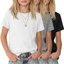3 Pack Girls Cotton T-Shirts | 5-14Y, Cotton Material, Short Sleeve Tops, Pointelle Ribbed, Crewneck, Soft, Summer, Casual Basic Tees, School, Teen, Layer