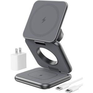 Foldable Magnetic Wireless Charger, KU XIU X40 Aluminum Alloy 3 in 1 Charging Station for Apple, Fast Mag-Safe Charger Stand for iPhone 16 15 14 13 12 Series, 5W for iWatch, AirPods 3/2/Pro, Gray
