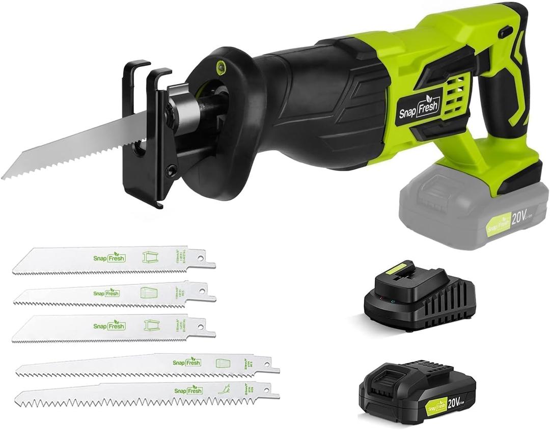 SnapFresh 20V Cordless Reciprocating Saw, 3000 SPM Variable Speed, Tool-Free Blade Change, LED Light, Lightweight One-Handed Compact Electric Saw for Wood, Metal, 2.0Ah Battery & Fast Charger Included