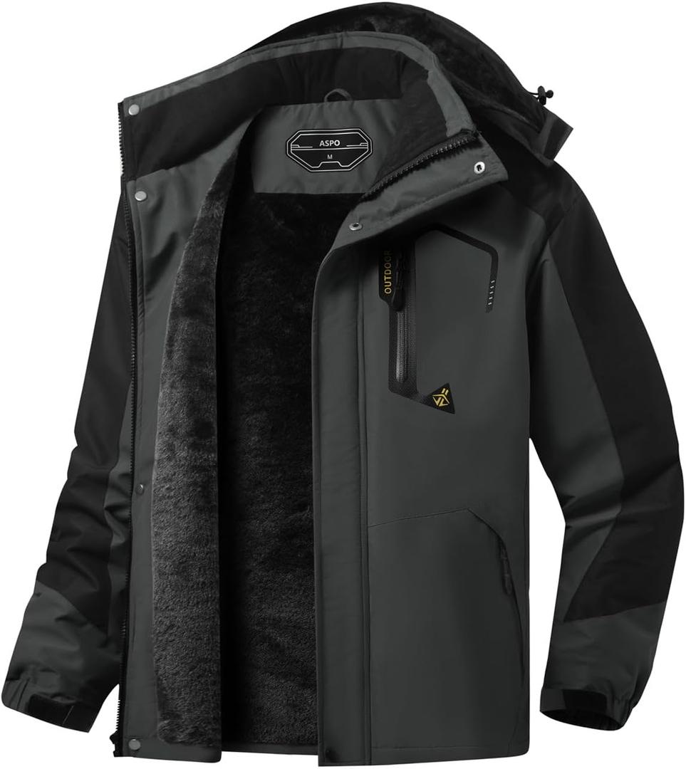 ASPO Men's Waterproof Ski Jacket Winter Warm Snow Coat Fleece lined Snowboard Hooded Mountain Windbreaker Raincoat Hiking