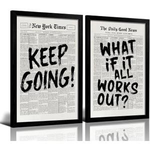 RUURUU Framed Retro Black And White Newspaper Canvas Wall Art Positive Affirming Quote wall décor What If It All Works Out Art Prints Wall Painting Picture Bedroom Decor Poster16x24inches