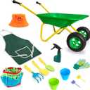 Toddler Metal Wheelbarrow Set for Kid with 12 PCS Gardening Tool(Green Set) | Children Wheelbarrow Toy with Apron,Gloves,Hat,Flower Pot,Bag,Label,Watering Sprayer,Pointed Shovel,Square Shovel,Rake