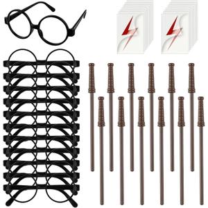 36Pcs Wizard Theme Party Favors - Wand Pencils Wizard Glasses with No Lenses Lightning Bolt Scar Temporary Tattoo for Teen Kid Student Magic Birthday Party Favors Halloween Decor School Rewards Black