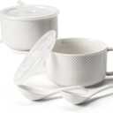 Ceramic Soup Bowls with Lids: 38 Ounce Extra Large Soup Mug with Handle & Spoon - Oversized Microwave Ramen Bowl Set of 2, 6 Inch, White