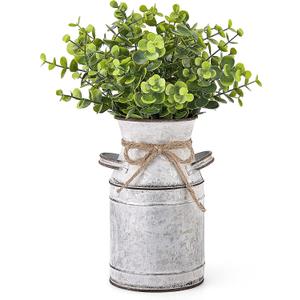 Dahey Metal Flower Vase with Artificial Eucalyptus Farmhouse Decor Rustic Shabby Chic Milk Can Galvanized Jug Planter Fake Plants in Decorative Tin Vase for Table Centerpieces Bedroom Kitchen Decor