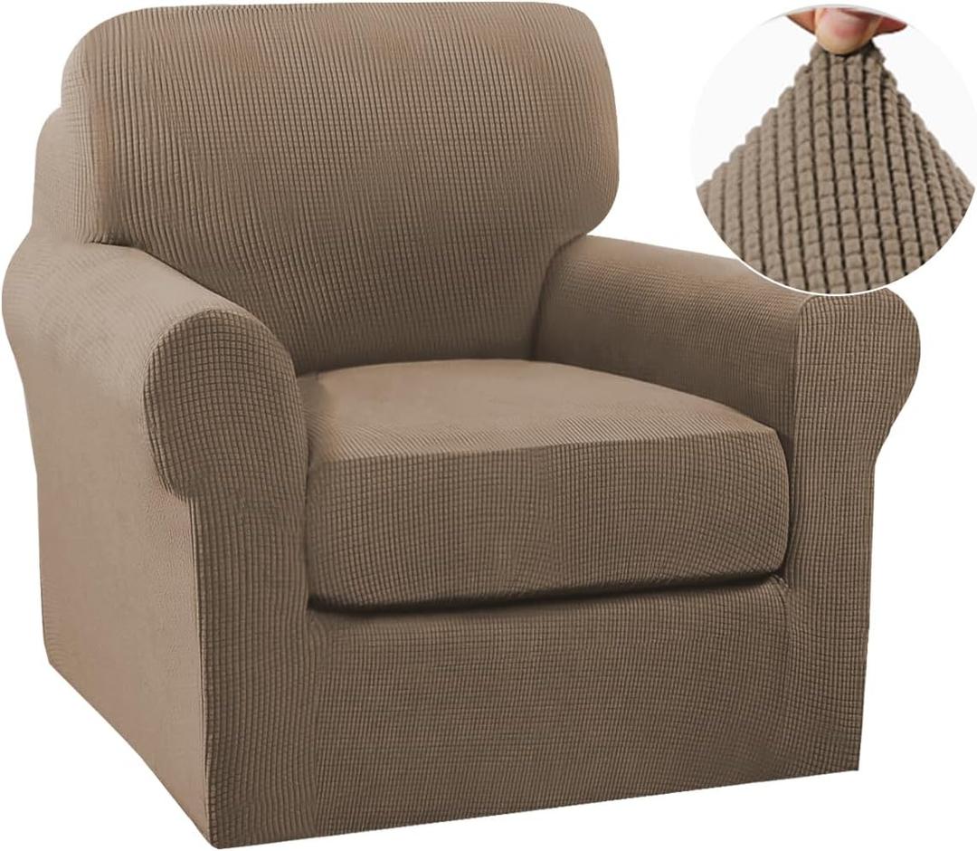 Turquoize 2 Piece Chair Covers Armchair Slipcovers for Living Room Small Armchair Chair Cover with Arms Washable Furniture Cover for Chairs Feature Thick Jacquard Fabric (Small Armchair, Macchiato)