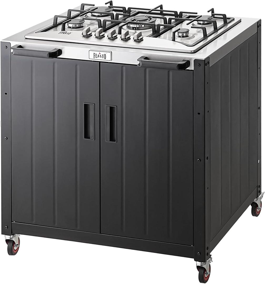 Gas Grill, Movable Outdoor Gas Stove Stainless Steel Top with Cabinet, 5 Burners with 36,200 BTUs, Outdoor Propane Grill for Outdoor Cooking, Ideal for Lawn & Garden, L35.4 x W24