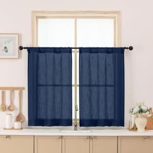 Chyhomenyc Navy Blue Semi Sheer Curtains 36 Inch Length, Light Filtering Faux Linen Slub Textured Burlap Small Kitchen Curtains Over Sink, Rod Pocket Short Drapes for Cafe Basement, 28Wx36L