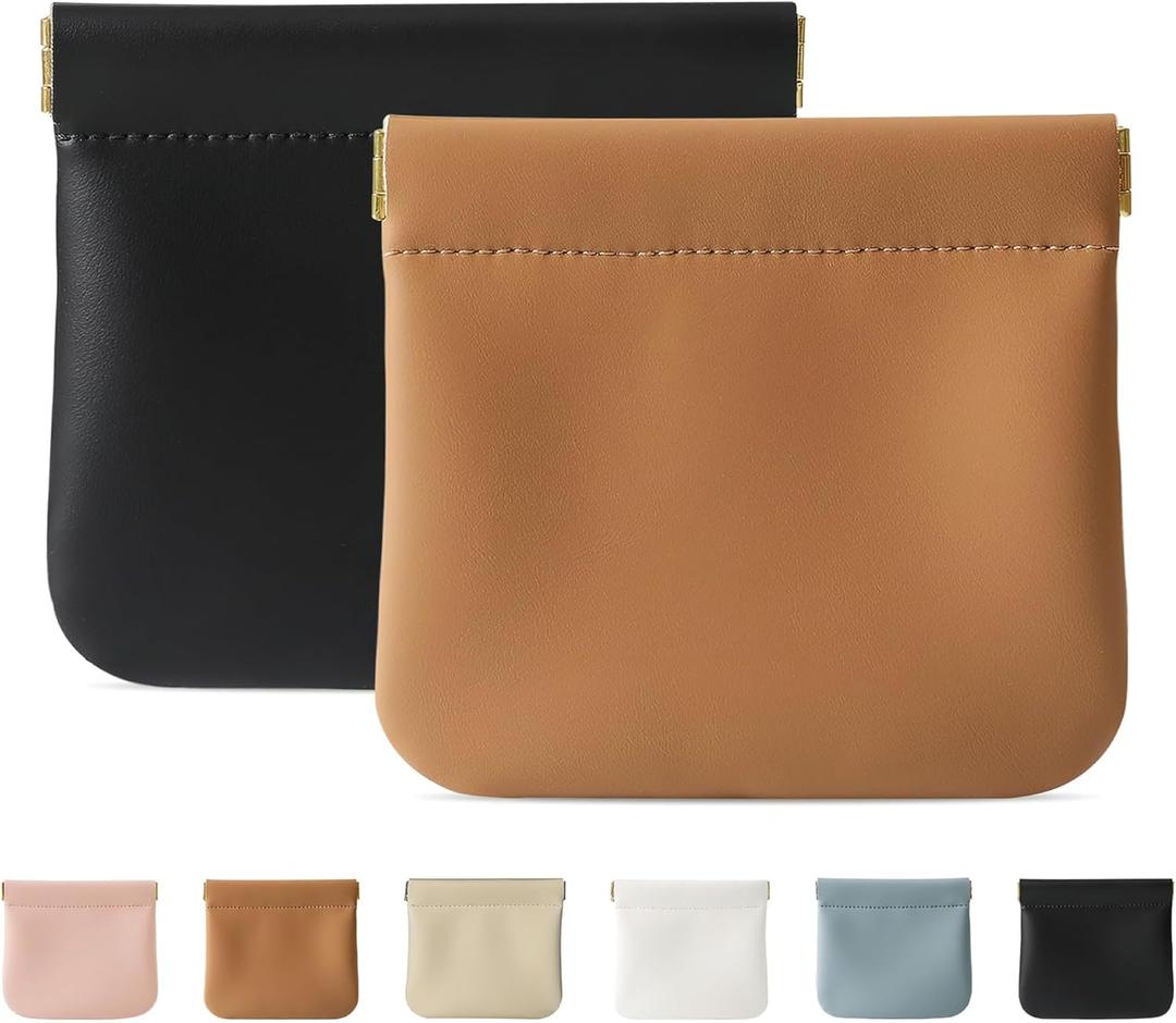 2 Pcs Small Makeup Bag for Purse, Mini Makeup Pouch for Women with Snap Closure Clamp, Portable Small Cosmetic Bag Travel Storage Pouch for Coin Lipstick (Black + Brown)