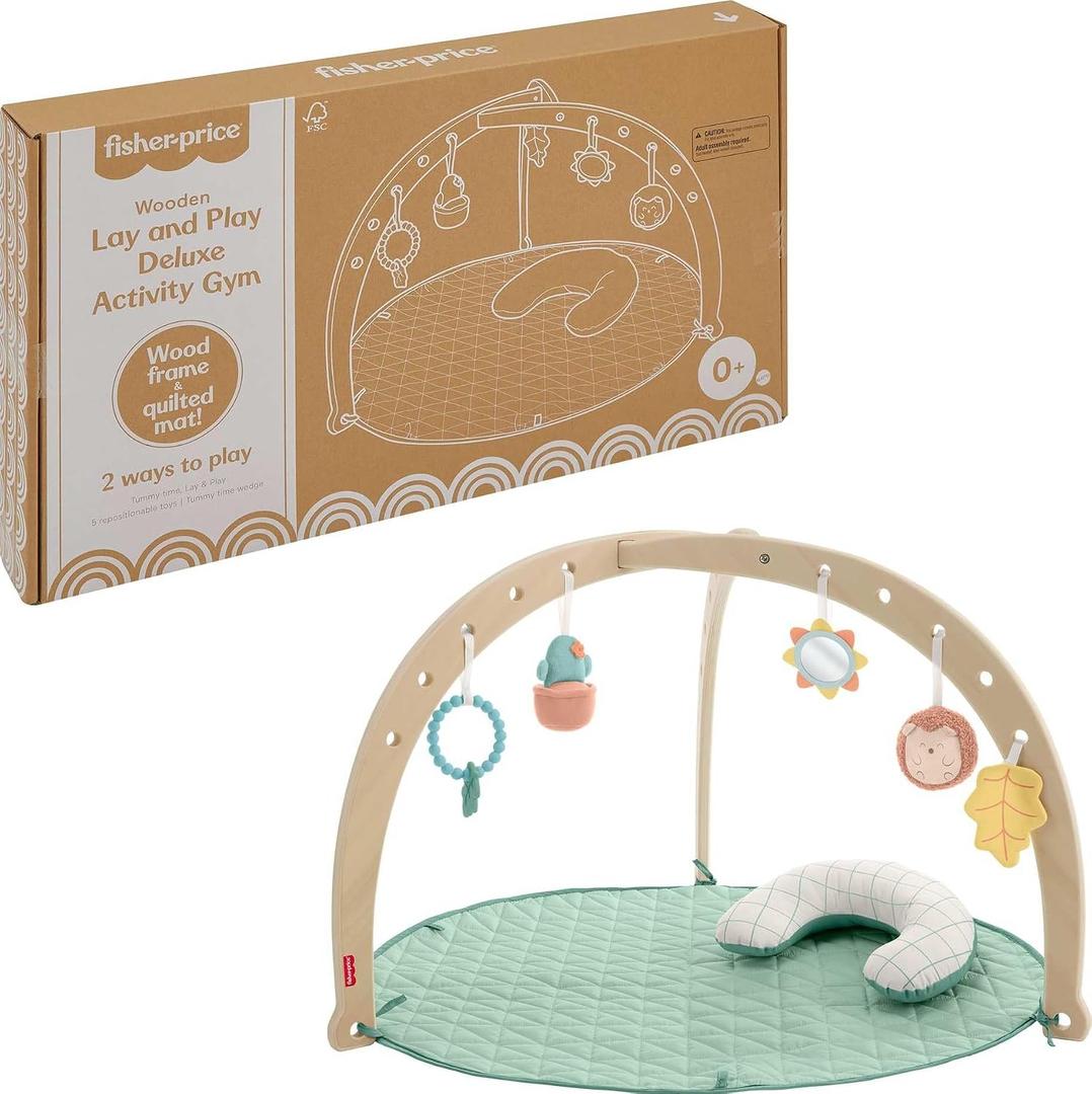 Fisher-Price Wood Baby Playmat Lay & Play Deluxe Activity Gym with Wooden Frame & Tummy Time Sensory Toys for Newborns 0+ Months, 1-pack