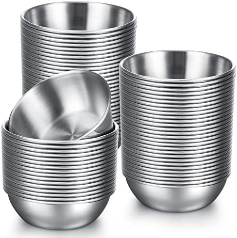 Tanlade 50 Pcs Metal Sauce Bowls Round Stainless Steel Seasoning Dishes Cups 3.2 Inch Mini Saucers Ramekins Plates Small Sushi Dipping Bowls Prep Appetizer Plates for Kitchen(Silver)