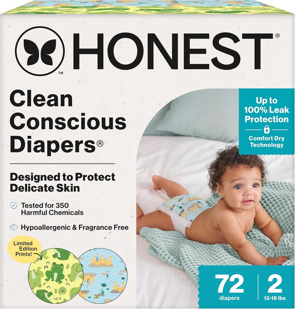The Honest Company Disposable Daytime Diapers, Up to 100% Leak Protection, Designed to Protect Delicate Skin, Hypoallergenic + Fragrance-Free, UR Ribbiting + Waddle It Be, Club Box, Size 2, 72 Count