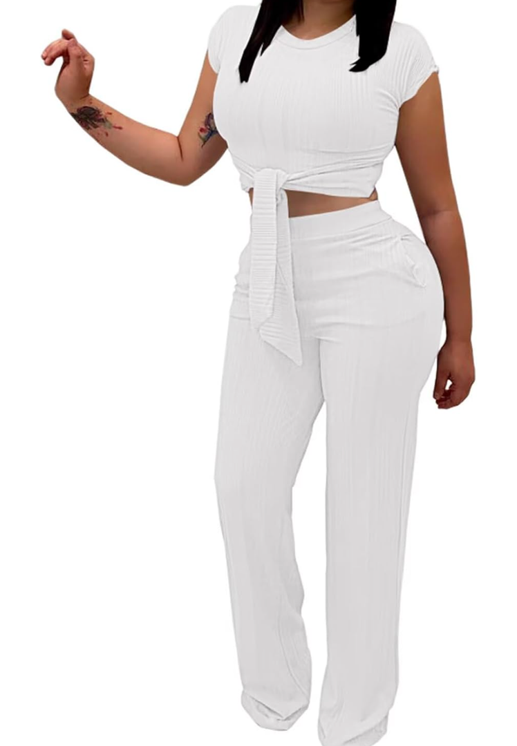 EDITCOZY Women 2 Piece Outfits Sexy Tie Front Crop Top Wide Leg Pants Sets Casual Summer Ribbed Two Piece Set, L
