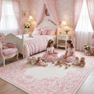 Garvee Rugs for Girls Bedroom Washable 5x7 Area Rug for Nursery Room, Non Slip Soft Low-Pile French Retro Floral Accent Throw Carpet for College Dorm Decor Kids Room Playroom, Pink