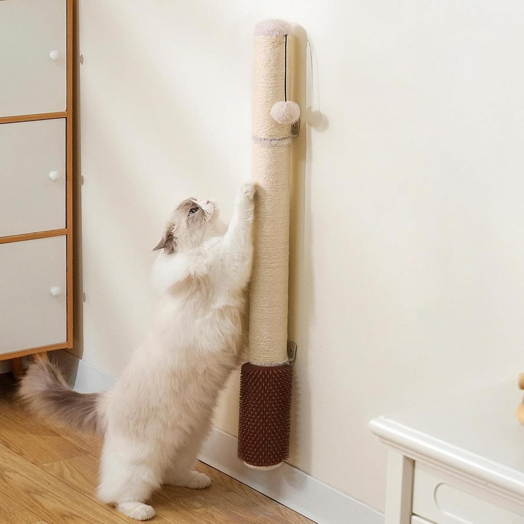 34" Extra-Tall Wall Mounted Cat Scratcher  Vertical Sisal Rope Scratching Post for Large Cats, Space-Saving Cat Wall Climber with Self-Grooming Brush & Hanging Ball, Modern Beige