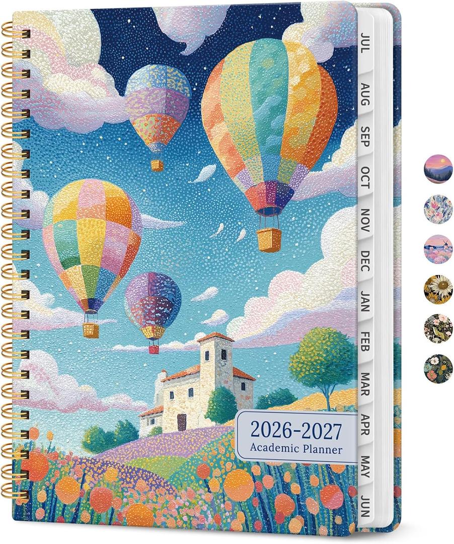 Planner 2026-2027, Monthly & Weekly Jul 2026-Jun 2027 Planner Calendar | 6.3" x 8.5", Hardcover Academic Spiral Planner with Tabs, School & Daily Agenda for Women, Students, Teachers, Balloon Valley