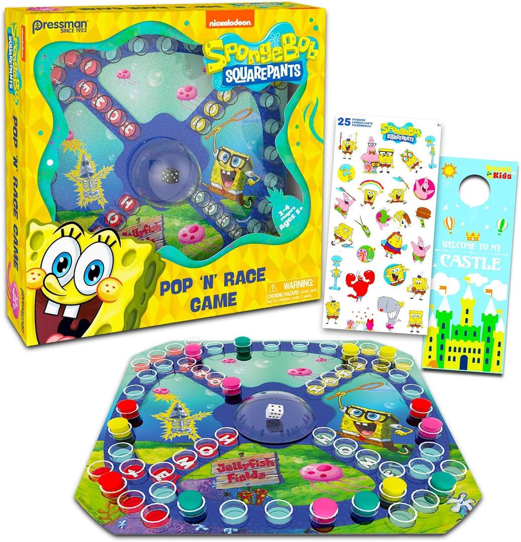 Spongebob Squarepants Pop-Up Board Game - Bundle with Spongebob Board Game with Pop Up Dice Plus Stickers, More | Spongebob Games for Birthday Party