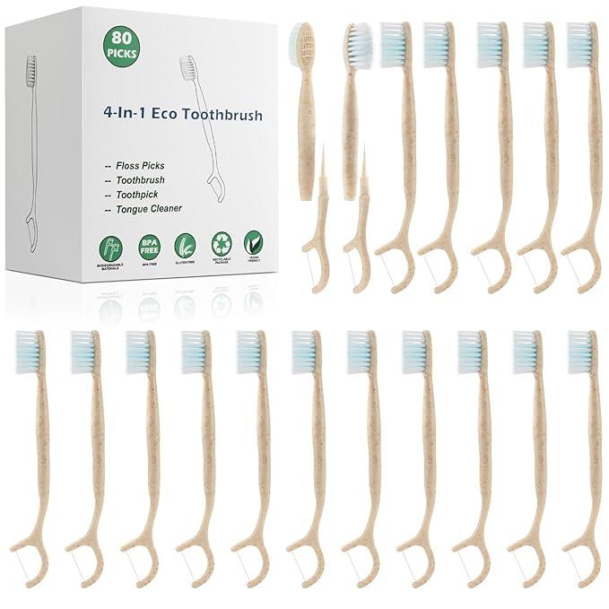 NUDUKO Travel Toothbrush Dental Floss Picks  4 in 1 Biodegradable Disposable Toothbrushes with Tongue Scraper, EcoFriendly Individually Wrapped Toothbrush for Adult Kids Travel Oral Care, 80 Pack