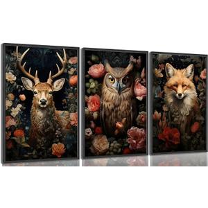 Magical Forest Animal Canvas Wall Art Flowers And Wild Animals Prints Wall Decor Dark Cottagecore Posters Gothic Vintage Botanical Floral Painting Picture Nature Room Decor Bedroom Decoration Unframed