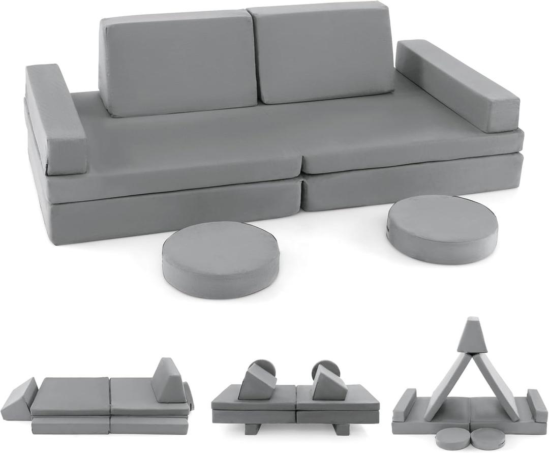 Costzon Kids Play Couch Sofa, Large Modular Folding Sofa Building Fort Playset with Handle, Machine-Washable Cover, Convertible Foam Cushion for Playroom Bedroom Boys Girls Gifts (10-Piece, Gray)