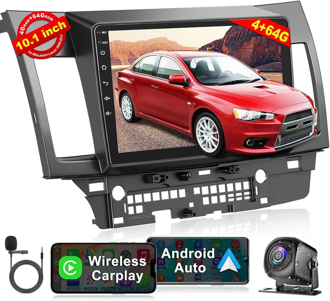 4+64 Android 12 Car Stereo for Mitsubishi Lancer 2008-2017,10.1 Inch Touchscreen Radio with Wireless Carplay&Android Auto,Support GPS Navigation/WiFi/Bluetooth/Steering Wheel Control/Backup Camera/DSP