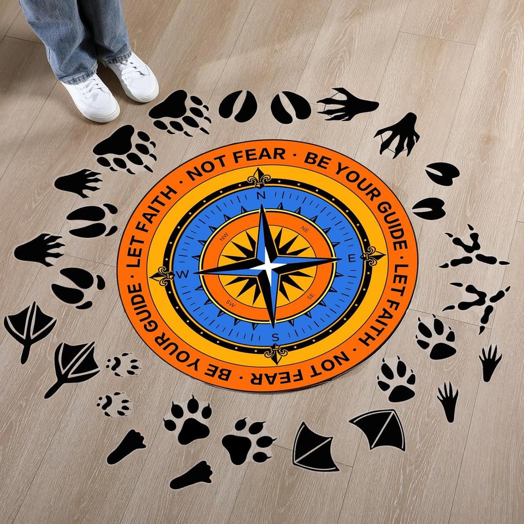 29 Pcs VBS Decorations Compass and Animal Track Vinyl Floor Decals True North Removable Footprint Sticker Camping Party Decoration for Vacation Bible School Supplies Sunday School Activities
