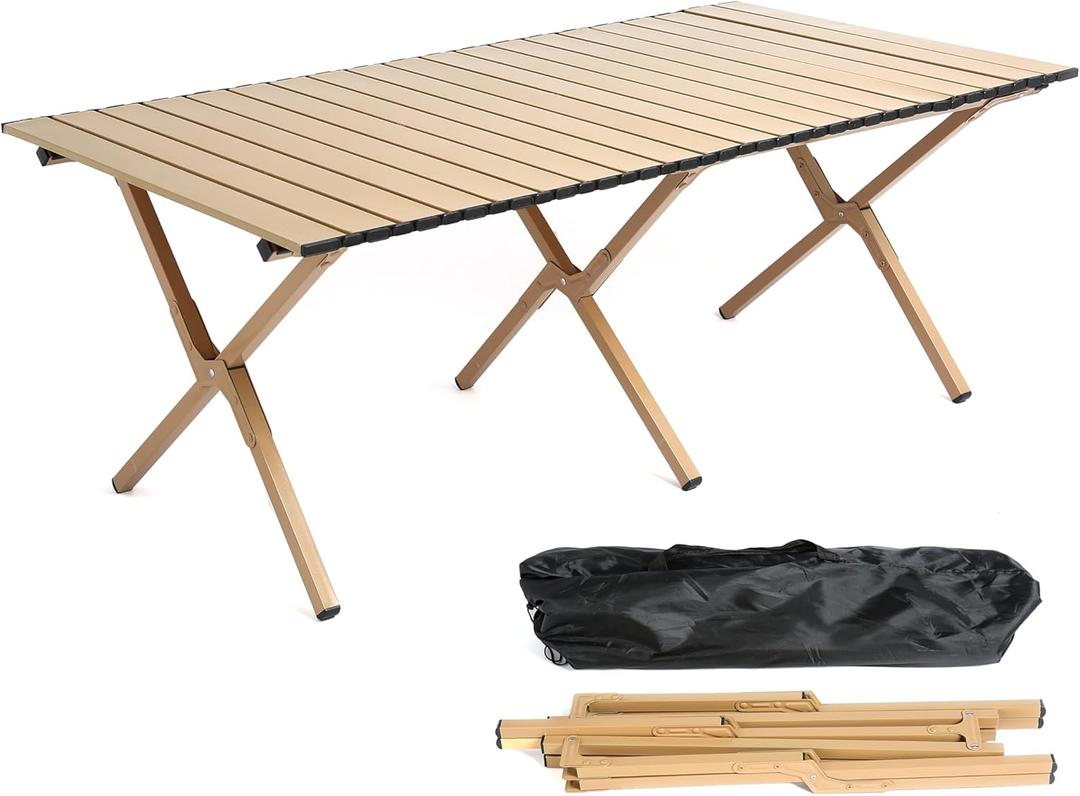 48Inch Folding Camping Table, Lightweight Roll-Up Table Aluminum Low Portable Picnic Table with Carrying Bag for Outdoor, Beach, Picnic, Backyards, BBQ and Party, Log Color (120CM)