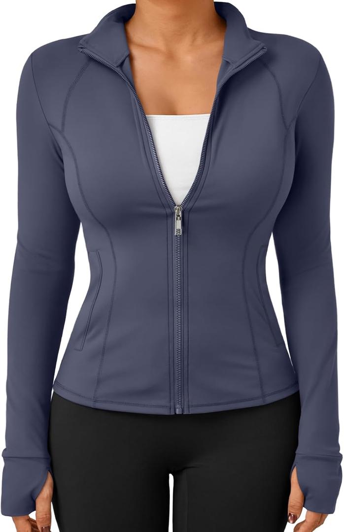 Trendy Queen Womens Lightweight Zip Up Jackets 2026 Athletic Workout Hoodies Spring Shirt Fitted Gym Clothes with Pocket (Small, Navyblue)