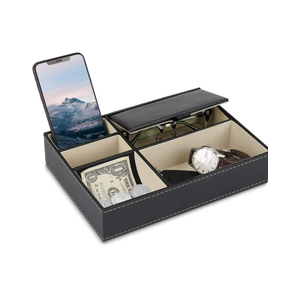 Mens Valet Tray Organizer, Mens Jewelry Box, Nightstand Organizer with 5 Compartments, Dresser Faux Leather Storage Box for Wallet, Phone, Keys (Black)