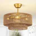 Boho Caged Fandelier with Lights Flush Mount Rattan Ceiling Fan with Lights and Remote Control, Enclosed 6 Speeds Low Profile Fan Light for Bedroom, Living Room, Kitchen, Medium