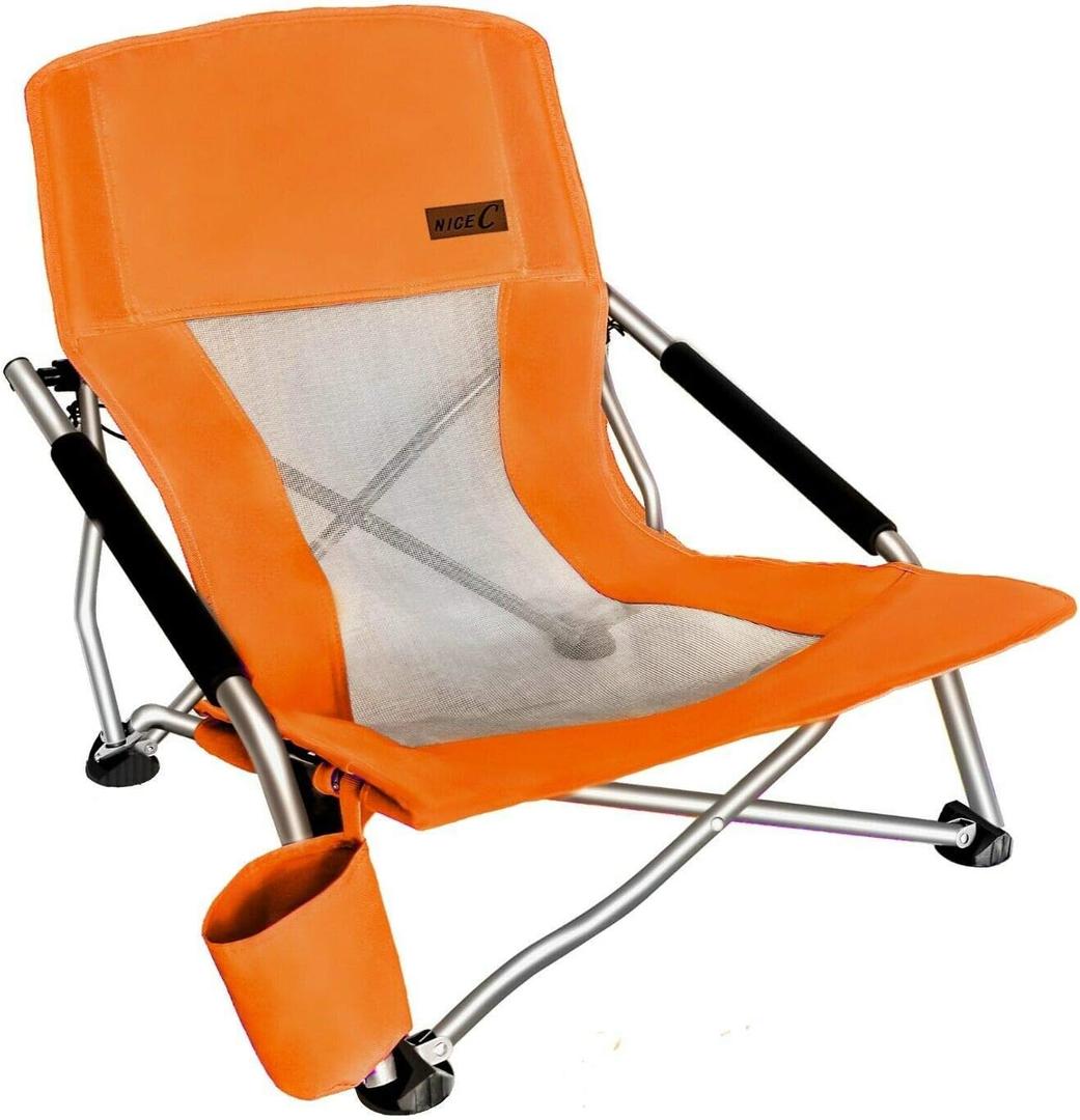 Nice C Chair Beach, Low Beach Chair, Sling, Folding, Portable, Concert, for Adults, Kids, Boat, Sand Chair with Cup Holder & Carry Bag (1 Pack of Orange)