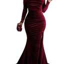 Vakkest Women Off The Shoulder Formal Dresses Long Sleeve Evening Party Velvet Maxi Dress High Split Cocktail Gowns, XXL