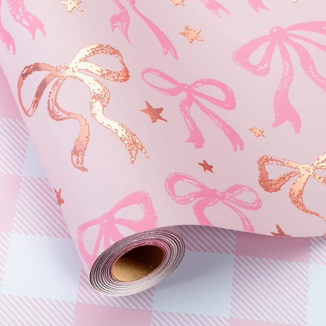 MAYPLUSS Pink Wrapping Paper Roll, Cute Bow Gift Wrap, Reversible Plaid Gift Paper for Girl Baby Shower, Birthday, Wedding 17 Inch x 33 Feet