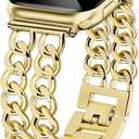 JR.DM Gold Watch Bands for Women Compatible with Apple Watch Band 38mm 40mm 41mm 42mm (S10) Adjustable Metal Band Cowboy Steel Chain Bracelet for iWatch Series1/2/3/4/5/6/7/8/9/10/SE (No Case)