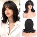Haloo Brown Short Bob Wigs with Bangs Shoulder Length Wavy Layered Flipped Ends Natural Looking Medium Synthetic Hair Wig for Women Daily Party, 14 Inch Dark Brown