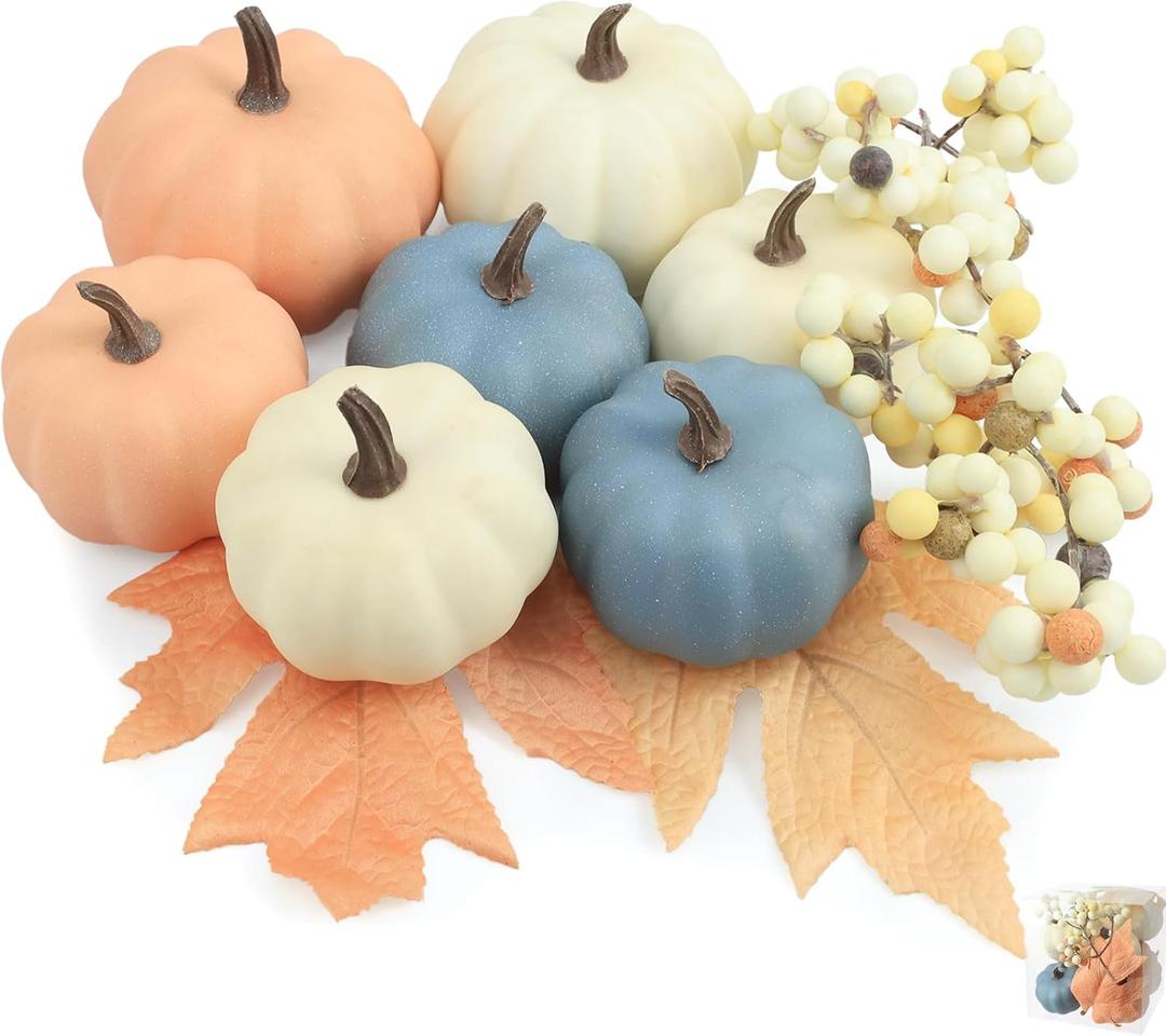 Artgar Fall Pumpkin Decor - Fake Foam Pumpkins - 11 PCS Mini Pumpkins with Maple Leaves Berries for Fall Halloween Thanksgiving Home Mantelpiece Table Tray Decoration (Style-5)