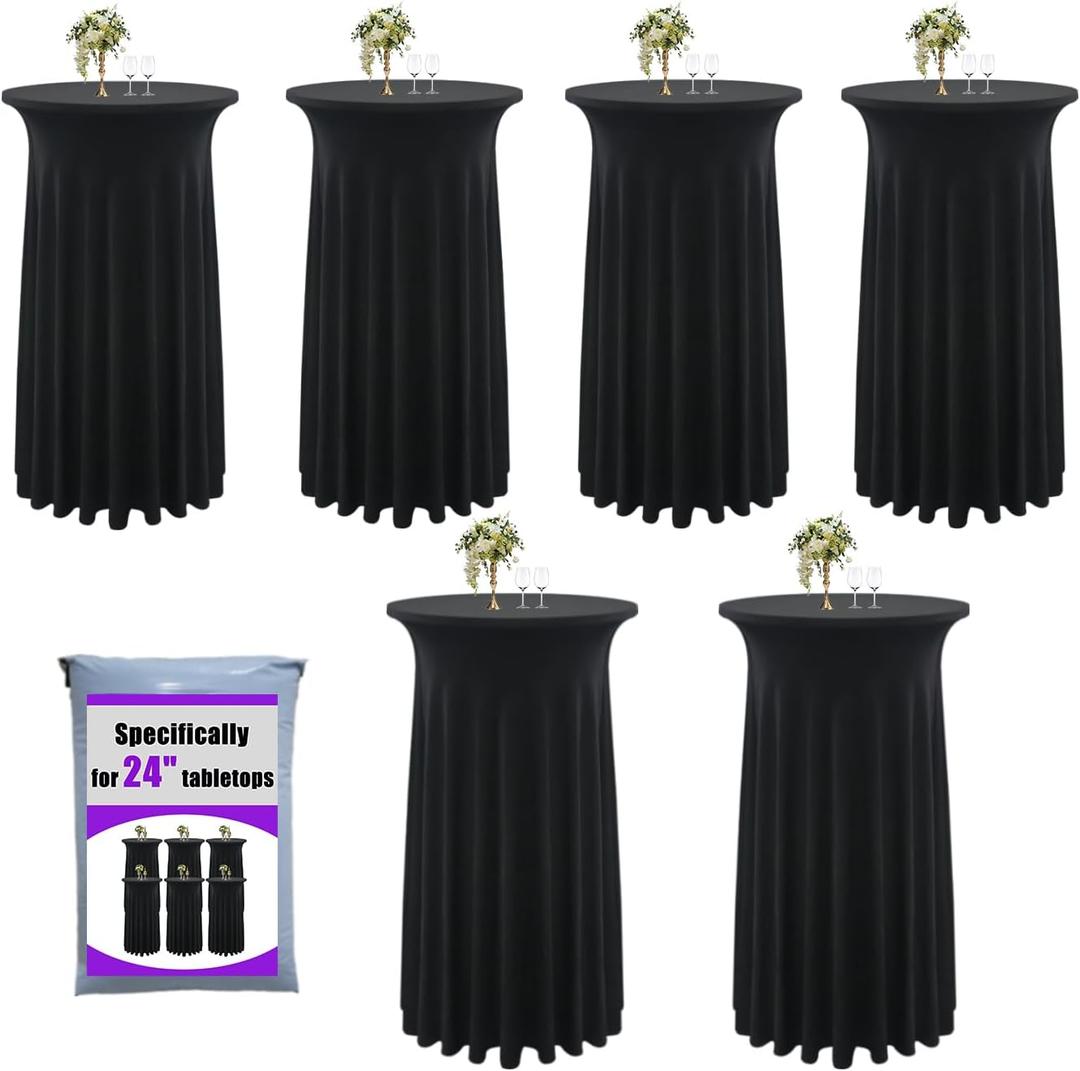 6-Pack 24"x43" Black Round Cocktail Table Skirts | Stretch Spandex Fitted Tablecloths | Stain-Resistant, Wrinkle-Resistant, and Machine Washable for Bars, Weddings, Parties, and Banquets
