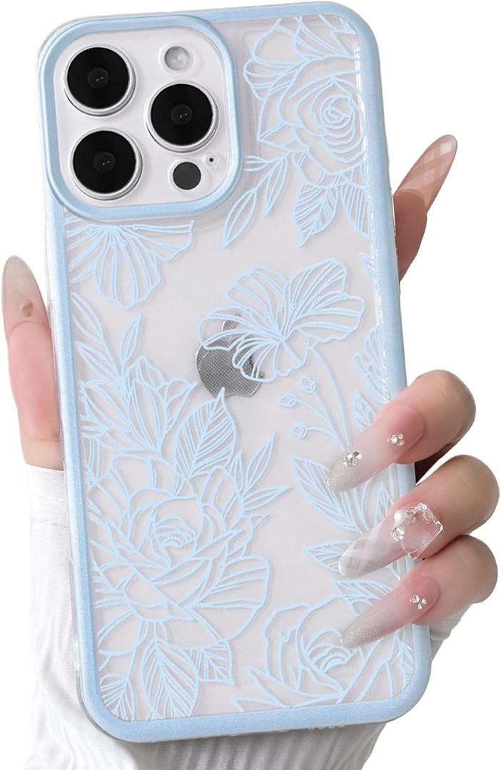 NITITOP Compatible with iPhone 16 Pro Case Clear Cute Line Rose Flower Floral Pattern for Women Girls Color Frame Slim Shockproof Protective Phone Cover - Blue