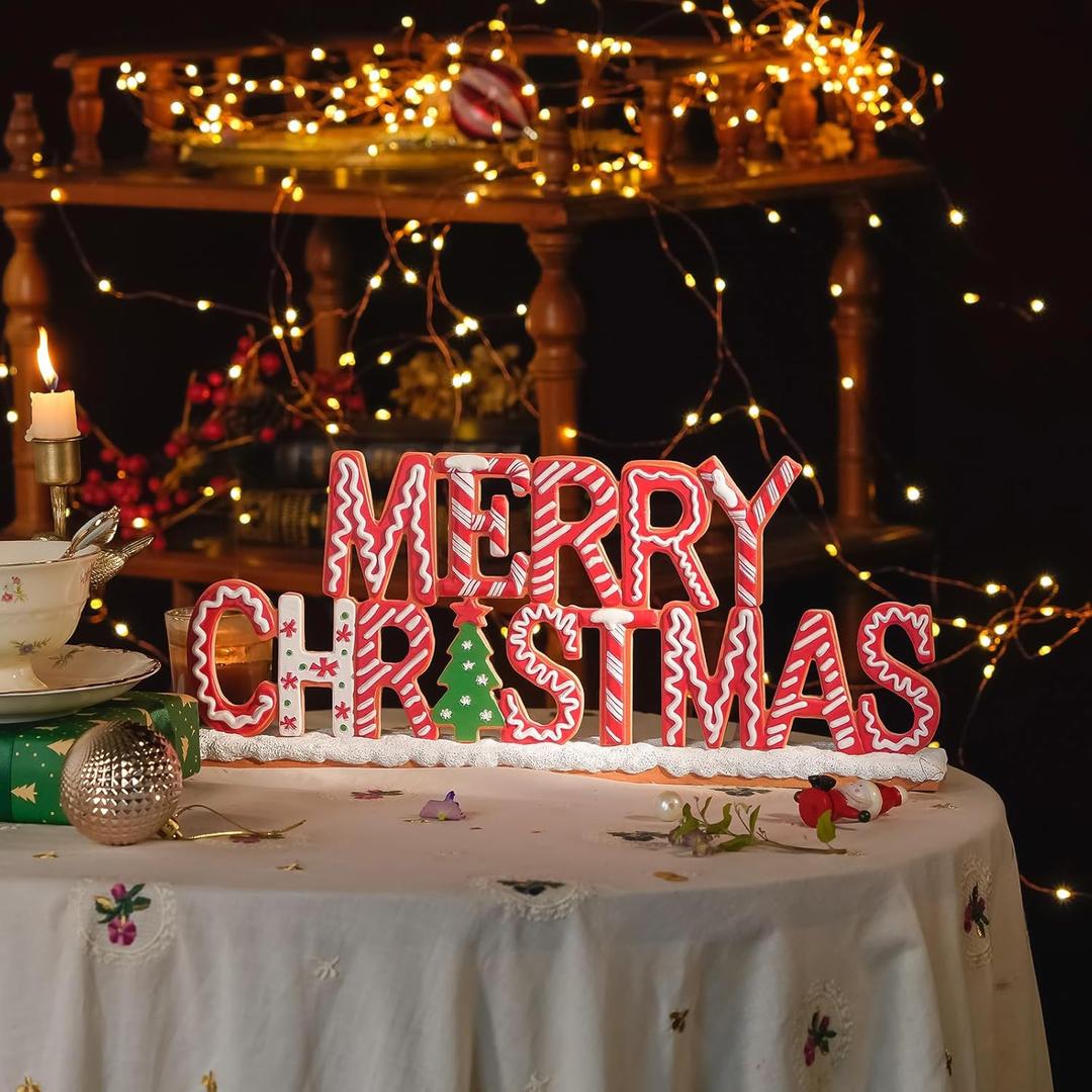 NIKKY HOME Merry Christmas Table Sign, Resin Christmas Decorative Signs, Free Standing Centerpiece for Xmas Party Decor for Table Mantel Living Room Winter Holiday Decor
