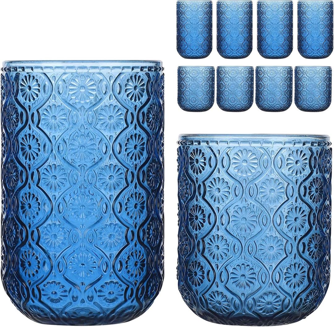 Set of 8 Vintage Embossed Glassware,4 Highball Glasses 14oz & 4 Rocks Drinking Glasses 9oz, Blue, Art Deco, for Water, Cocktail, Juice, Whiskey, Gift