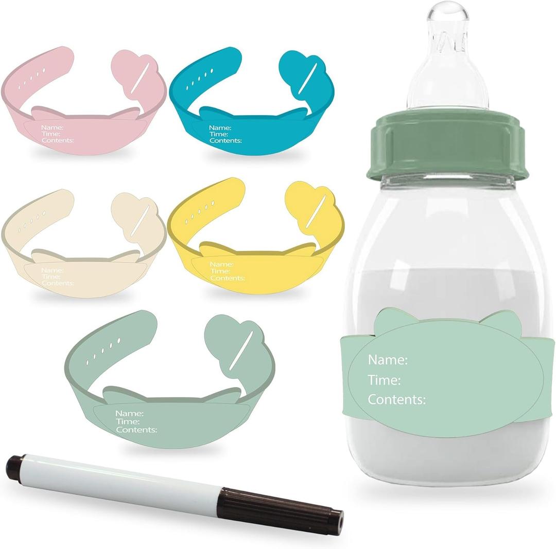 Adjustable Silicone Baby Bottle Labels with Claps- Reusable-Great for Day Care-Diswasher Safe- Waterproof- Essentials- Silicone Labels Open with Claps- Adjustable for Bottles