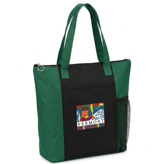 Zippered Tote Bag, Fun Colors and Unique Designs, Mesh Side Pocket, Double Carrying Straps (Green)