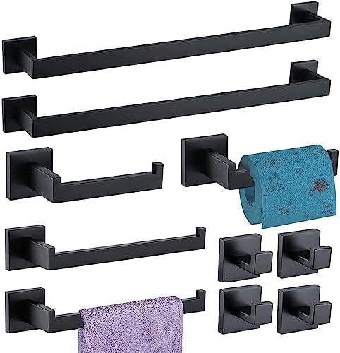 10-Pieces Bathroom Hardware Set Matte Black Bathroom Accessories Set SUS304 Towel Bar Set Includes 2 Towel Bar 23.6 Inch+2 Towel Holder+2 Toilet Paper Holder+4 Towel Hook (10, Matte Black)