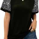 Women Sequined Splicing Short Sleeve T-Shirt Fashion Sparkle Sequin Party Tops Glitter Summer Beach Vacation Tee Shirt (Small, Black)