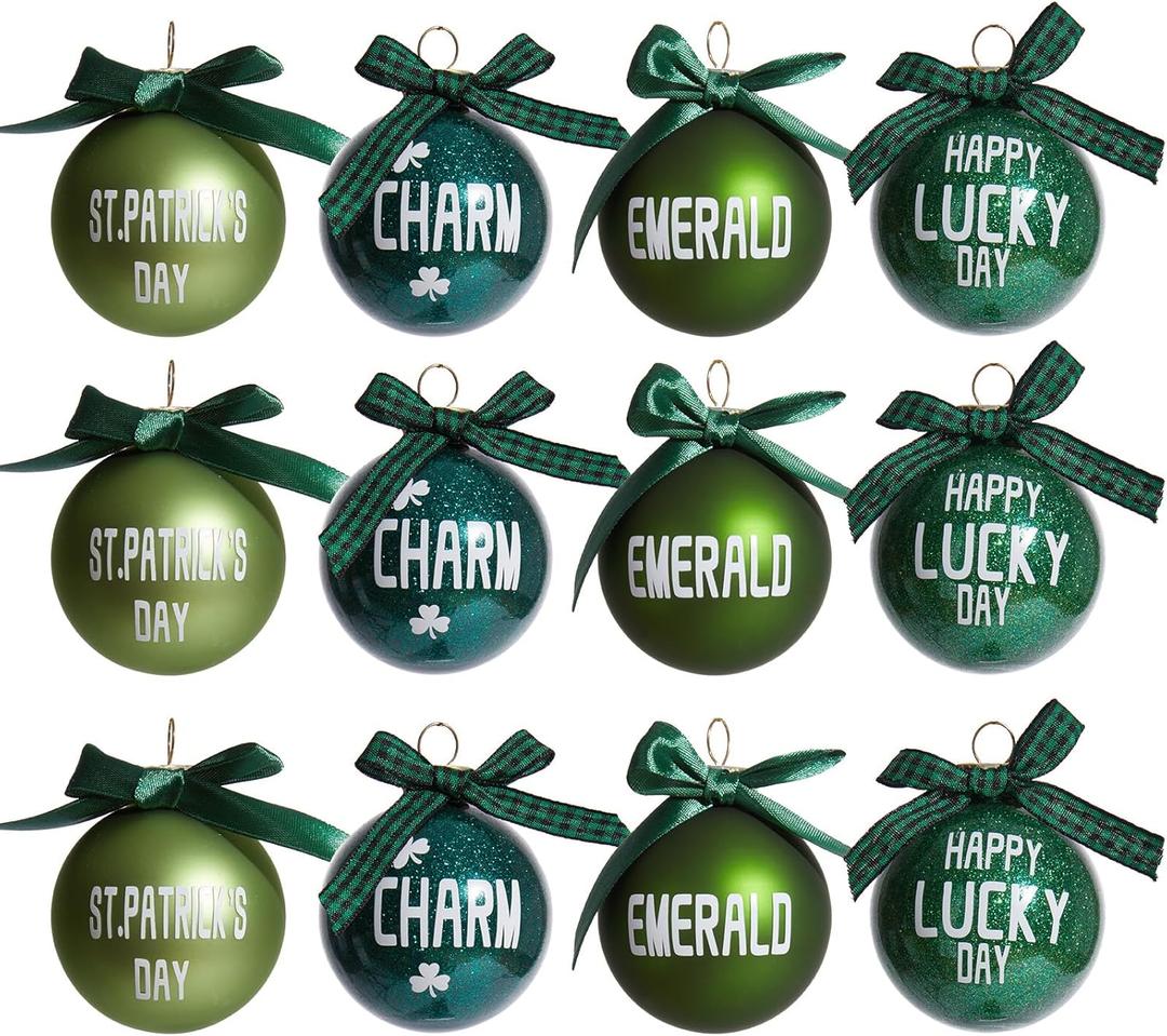 WDS WONDROUS 12-Piece St Patricks Day Ornaments Set, 4 Designs Green Glitter Glass Ball Decorations with Ribbon Bow for Christmas Tree Home Party Spring Decor, Irish Lucky Holiday (Green and White)