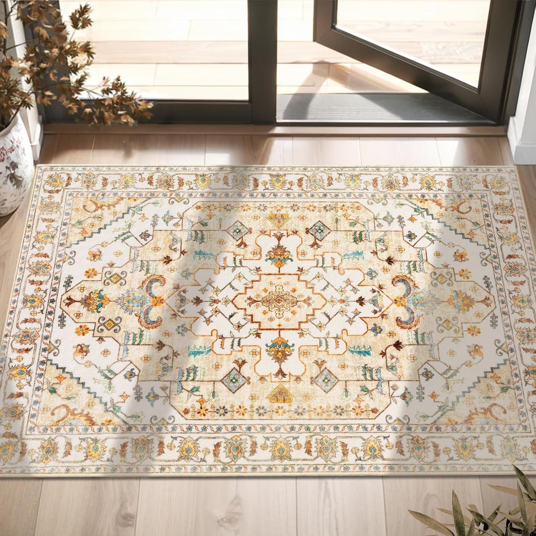 SERISSA Boho Rugs for Entryway, 2x3 Light Yellow Entryway Rug Non-Slip Washable Small Area Rug, Ultra Soft Vintage Low-Pile Indoor Door Mat Floor Carpet for Entrance Bedroom Kitchen Bathroom