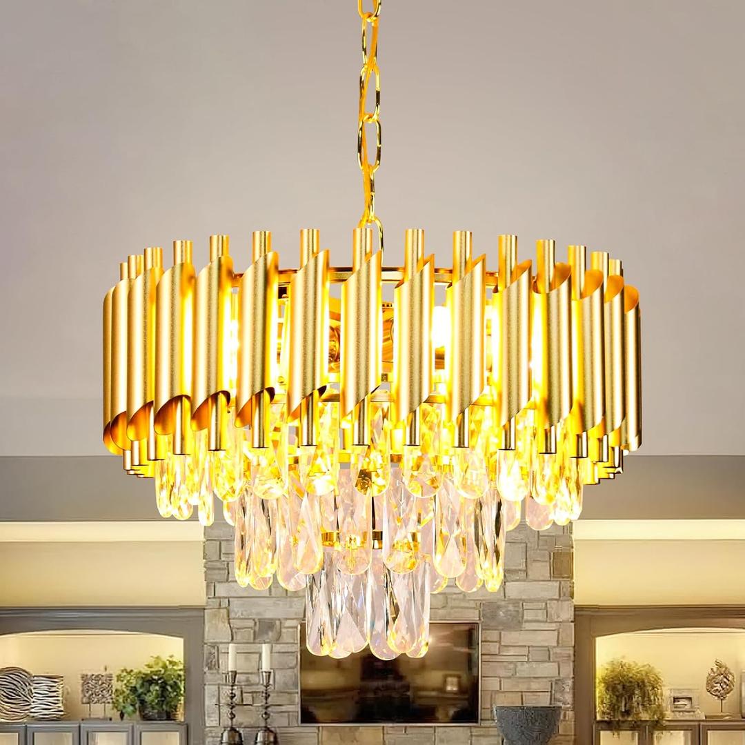 FRIXCHUR 16-Inch Modern Gold Crystal Chandelier, Ceiling Light Fixture, Adjustable Pendant Light – Suitable for Dining Room, Foyer, Kitchen and Bedroom