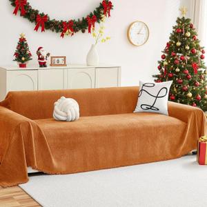 hyha Couch Cover for Dogs, Boho Sofa Covers for 3 Cushion Couch Washable, Chenille Sofa Slipcover for Pets, Soft Loveseat Sectional Couch Throw Blankets with Tassels (Orange, 71x118 Inch)