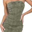 Sexy Denim Strapless Dresses for Women Y2K Jeans Corset Backless Tube Bodycon Mini Dress Clubwear (Small, A-army Green)